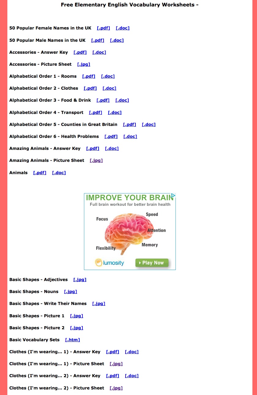 English Banana: Free Elementary Vocabulary Worksheets | Recurso educativo 42609